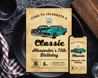 May include: A vintage-style invitation for a 75th birthday party. The invitation features a classic car design with the text "Come to Celebrate a Classic Alexander's 75th Birthday" and details for the event, including the date, time, and location.