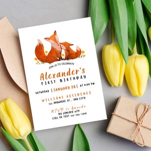 Fox 1st Birthday Fox Birthday Invitation Fox Party Invitations Girls Fox Birthday Invite Son First Birthday Uno First Birthday Invitation
