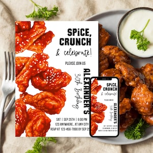 May include: A birthday party invitation with the text "SPICE, CRUNCH & celebrate!" and the name "ALEXANDER'S". The invitation features images of fried chicken wings and a smartphone displaying the same design. The invitation includes the date, time, and RSVP information.