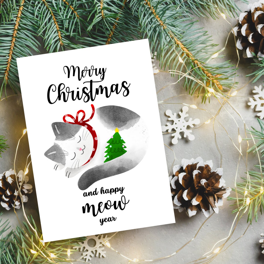 Cat Christmas Card Printable Cat Xmas Card Cat Holiday Cards Etsy