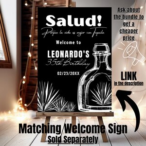 May include: Black and white welcome sign with a tequila bottle illustration, text that reads "Salud! Porque la vida es mejor con Tequila", "Welcome to Leonardo's 35th Birthday", and "02/23/20XX". The sign is on a wooden easel.