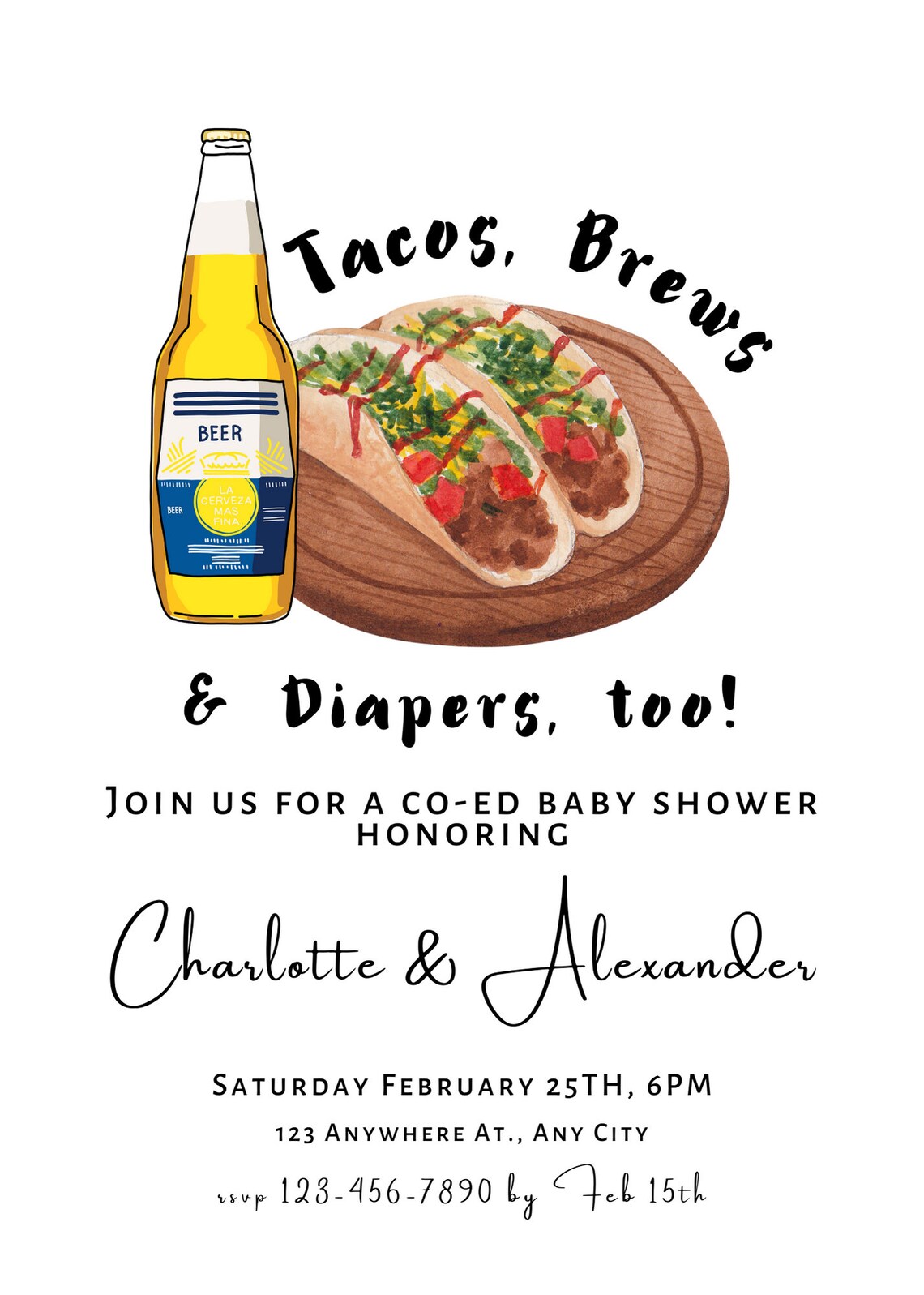 Tacos Brews and Diapers Too Invitation Beer Baby Shower Invitation Beer Theme Baby Shower Tacos