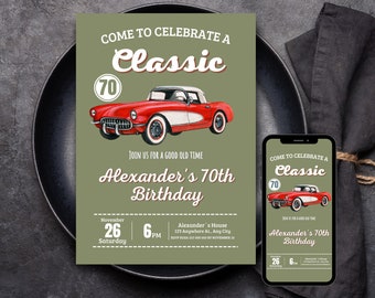 Puede incluir: Una invitación verde con una ilustración de un coche clásico rojo y blanco. La invitación es para una fiesta de cumpleaños número 70. El texto dice "Ven a celebrar un clásico 70. Únase a nosotros para una buena época. El 70 cumpleaños de Alexander. 26 de noviembre, 6 PM, sábado. La casa de Alexander, 123 Anywhere At., Any City. RSVP ROSA 555 000 000 antes del 10 de noviembre."