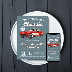 Invitación de fiesta de autos clásicos Invitación de cumpleaños clásica Invitación de hombre clásico 70 cumpleaños Hombres E Invitar cumpleaños Invitar 70 cumpleaños