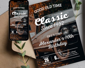 Classic Car Invite 70th Birthday Invitation 70th Birthda Man Dad 70th Birthday Cars Birthday Invite Cars Digital Invite Car Birthday Invite