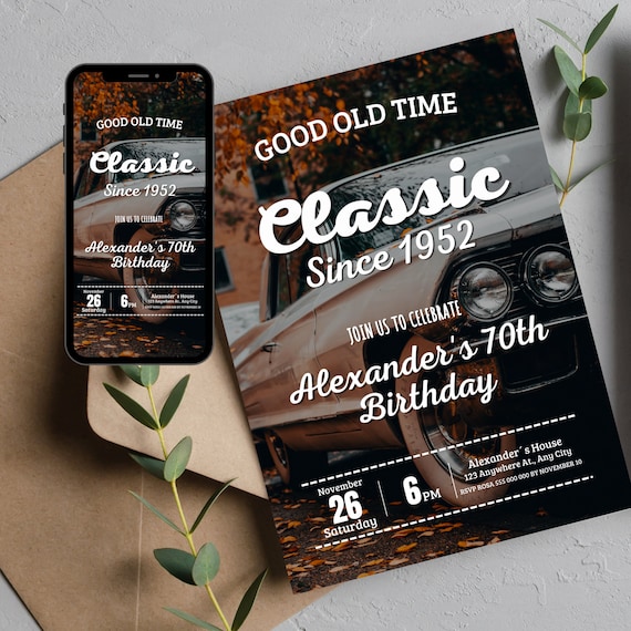 Classic Car Invite 70th Birthday Invitation 70th Birthda Man Dad 70th Birthday Cars Birthday Invite Cars Digital Invite Car Birthday Invite