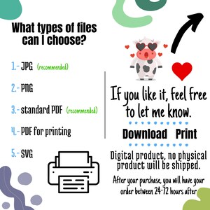 May include: A digital illustration of a cow wearing sunglasses and a red heart. The text reads "What types of files can I choose?" and lists five file types: JPG, PNG, standard PDF, PDF for printing, and SVG. The text also says "If you like it, feel free to let me know. Download Print. Digital product, no physical product will be shipped. After your purchase, you will have your order between 24-72 hours after."