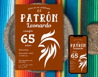 May include: A brown invitation with a white rooster design. The invitation reads "Join us to celebrate El PATRÓN Leonardo cumple 65 años. Saturday September 23th at 6:00 pm 123 Anywhere At.. Any City 123-456-7890 by'sup 15th"