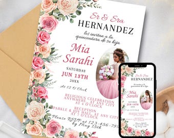 Einladung Digitale Quitte-Einladung Einladung Girly Quinceamaßa Template Quinceamaßa Print Quinceaneras Einladung Einladung XV