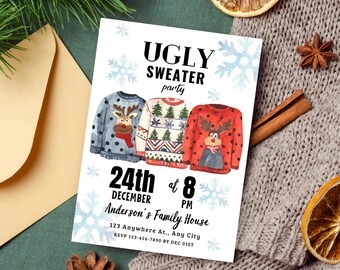 Può includere: Un invito bianco con fiocchi di neve blu e tre illustrazioni ad acquerello di maglioni natalizi brutti. Il testo recita "Ugly Sweater Party" con la data "24th December" e l'ora "at 8 PM". La posizione è "Anderson's Family House" con l'indirizzo "123 Anywhere At., Any City". Le informazioni RSVP sono "RSVP 123-456-7890 by Dec 01st".