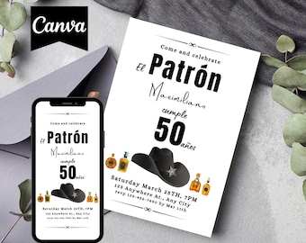 May include: A black and white invitation for a 50th birthday party. The invitation features a black cowboy hat with a sheriff's star, a bottle of tequila, and the text "Come and celebrate El Patrón Maximiliano cumple 50 años". The invitation also includes the date, time, and location of the party.