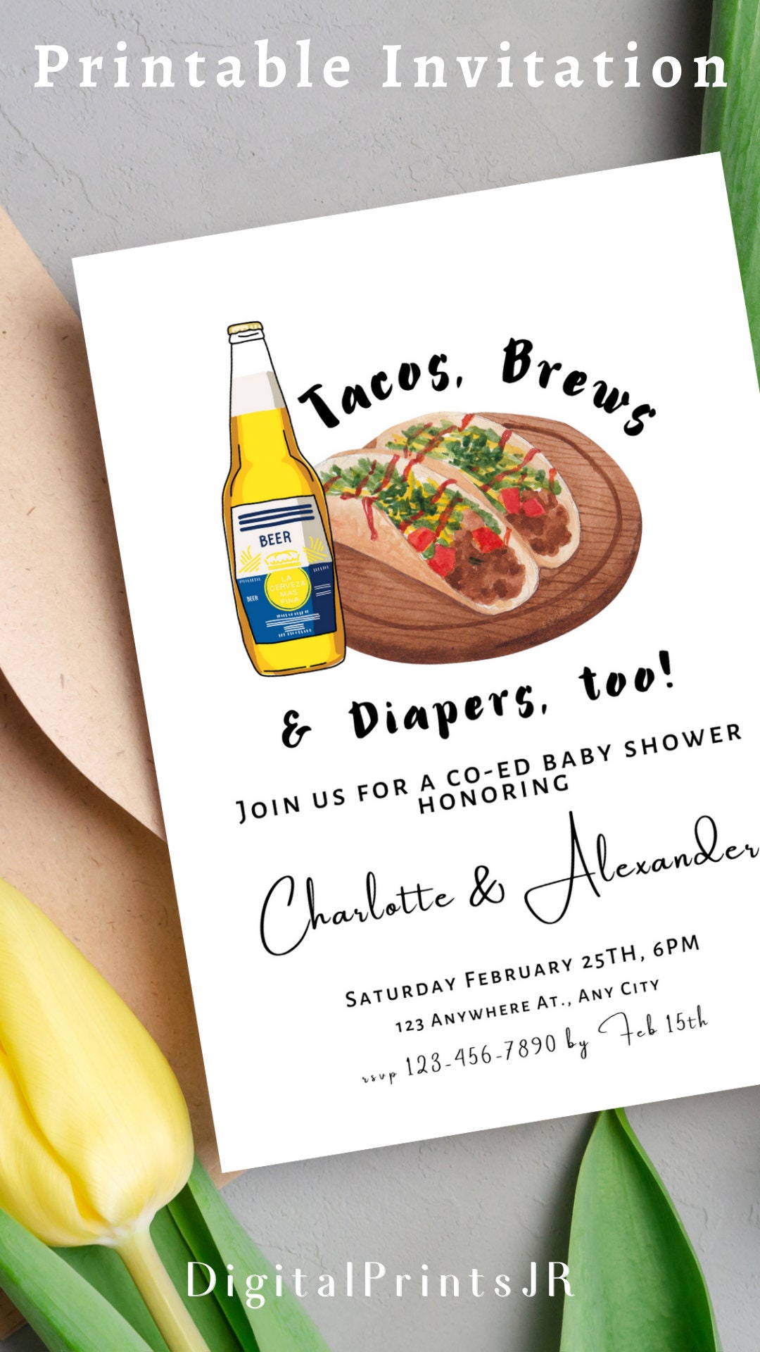 Tacos Brews and Diapers Too Invitation Beer Baby Shower Invitation Beer