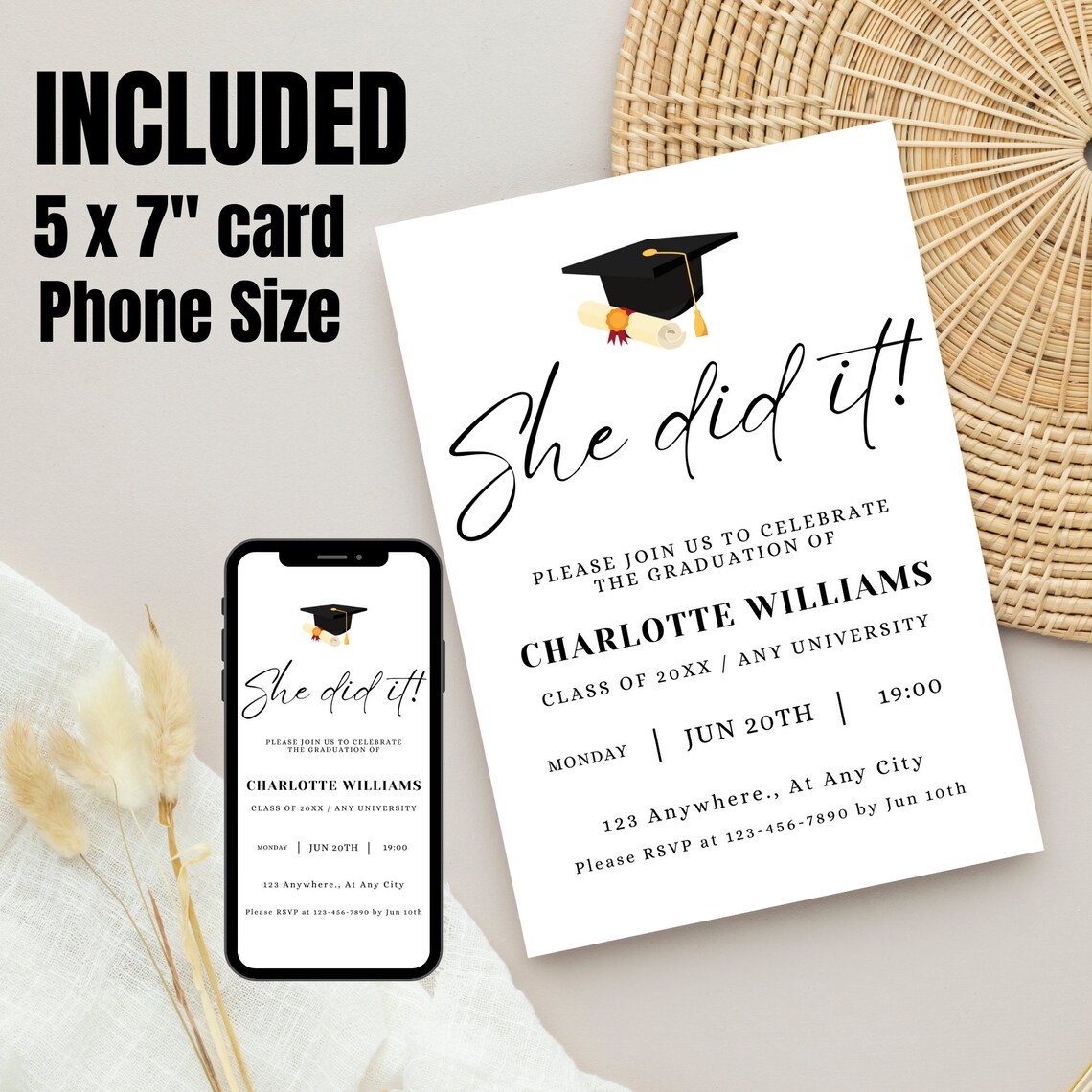 College Grad Invitation Graduation Invitation Canva Grad Cap Template ...