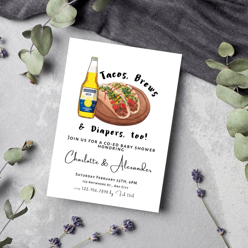Tacos Brews and Diapers Too Invitation Beer Baby Shower Etsy