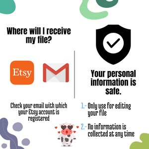 May include: Illustration of a shield with a checkmark inside, indicating that your personal information is safe.  The text "Your personal information is safe." is below the shield.  The text "1.- Only use for editing your file" and "2.- No information is collected at any time" is below the shield.  The image also shows the Etsy and Gmail logos, indicating that you will receive your file via email.