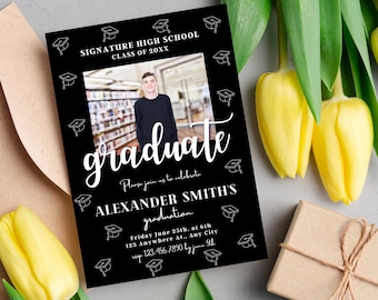 May include: Black and white graduation invitation with a photo of a graduate in a cap and gown. The invitation says "Signature High School Class of 20XX" and "Please join us to celebrate Alexander Smith's graduation".