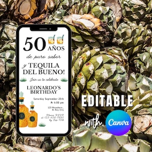 Könnte beinhalten: Ein Smartphone zeigt eine digitale Einladung zu Leonardos 50. Geburtstag mit Tequila-Flaschen und Cocktails. Der Einladungstext enthält "50 AÑOS de puro sabor y TEQUILA DEL BUENO!" und Eventdetails, vor dem Hintergrund von Agavenpflanzen.