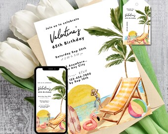 May include: A tropical-themed birthday invitation with a palm tree, beach chairs, a beach ball, and a flamingo float. The invitation reads "Join us to celebrate Valentina's 65th Birthday" and includes the date, time, and RSVP information.