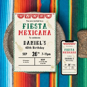 May include: A colorful invitation for a Fiesta Mexicana to celebrate Daniel's 40th birthday. The invitation features a festive design with a guitar, a taco, and a maraca. The event is scheduled for September 26th from 7-11pm.