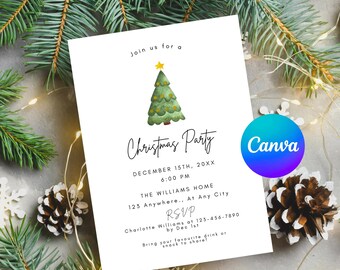 May include: A white Christmas party invitation with a watercolour Christmas tree illustration and gold star. The invitation includes the text "Christmas Party" and event details. A Canva logo is in the bottom right corner.