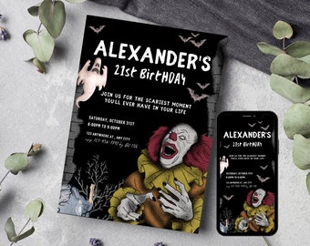 Scary Halloween Invite Scary Clown Invite E Invite Halloween Birthday Clown halloween Invitation 21st Digital Invite Halloween Party Invi