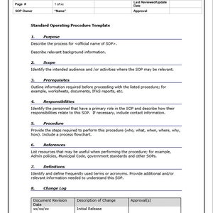 May include: A standard operating procedure template with a table outlining the steps for creating a SOP. The table includes sections for purpose, scope, prerequisites, responsibilities, procedure, references, definitions, and change log.