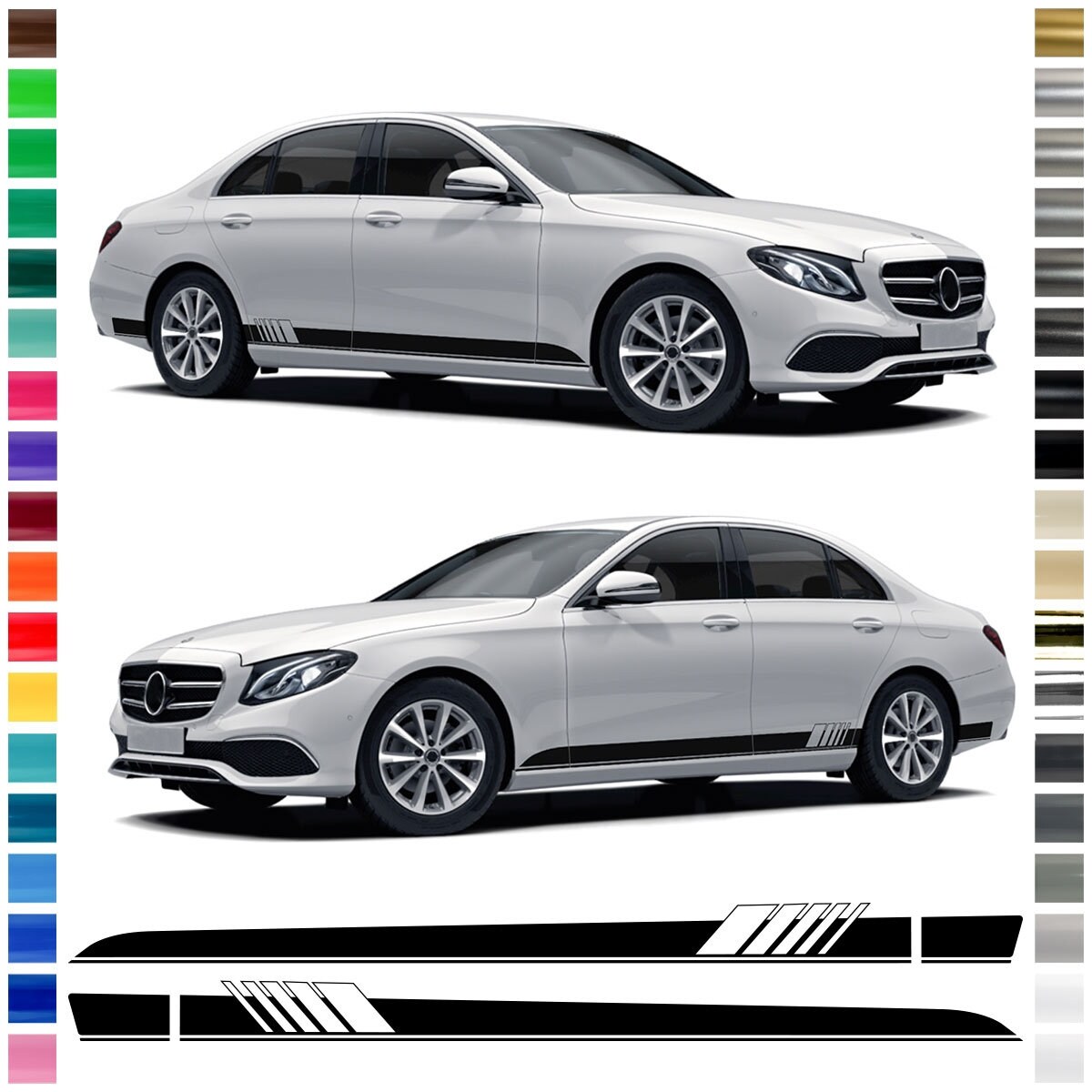 Side stripe set/decor suitable for Mercedes-Benz E-Class sedan with wing in desired color