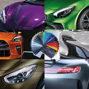 May include: A collage of car details showcasing various colors and designs. Includes close-ups of headlights, hoods, and a color swatch fan. Colors range from purple and green to orange and gray, highlighting automotive paint options.