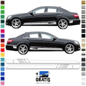 Puede incluir: Dos sedanes Mercedes-Benz negros con rayas laterales blancas y negras. La imagen muestra una plantilla para las rayas laterales. El texto "GRAIS RAKEL & CUTTER" está incluido en la imagen.