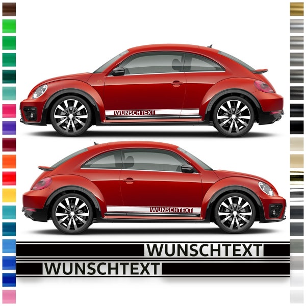 Seiten-Streifen Set/Dekor passend für VW / Volkswagen Beetle S (149x9,5cm) in Wunschfarbe und Wunschtext