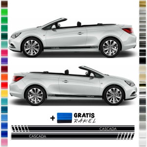 Może przedstawiać: Zestaw dwóch czarnych naklejek samochodowych z winylu z napisem "CASCADA" nadrukowanym na biało. Naklejki są pokazane na srebrnym samochodzie kabriolet. Zestaw zawiera bezpłatną raklę.