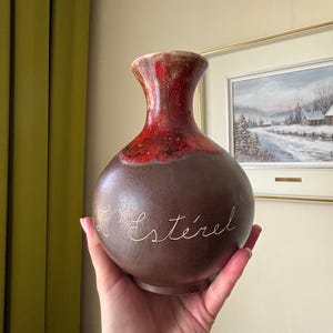 Vintage Mar-Ler Art Pottery Vase Fat Lava Mid Century Red Drip Glaze 1960s inscribed L’Estérel