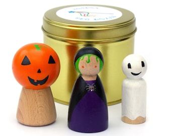 Halloween Peg Dolls in a Tin Can, Witch Peg Doll, Wooden Pumpkin, Ghost Peg Doll, Autumn Peg People