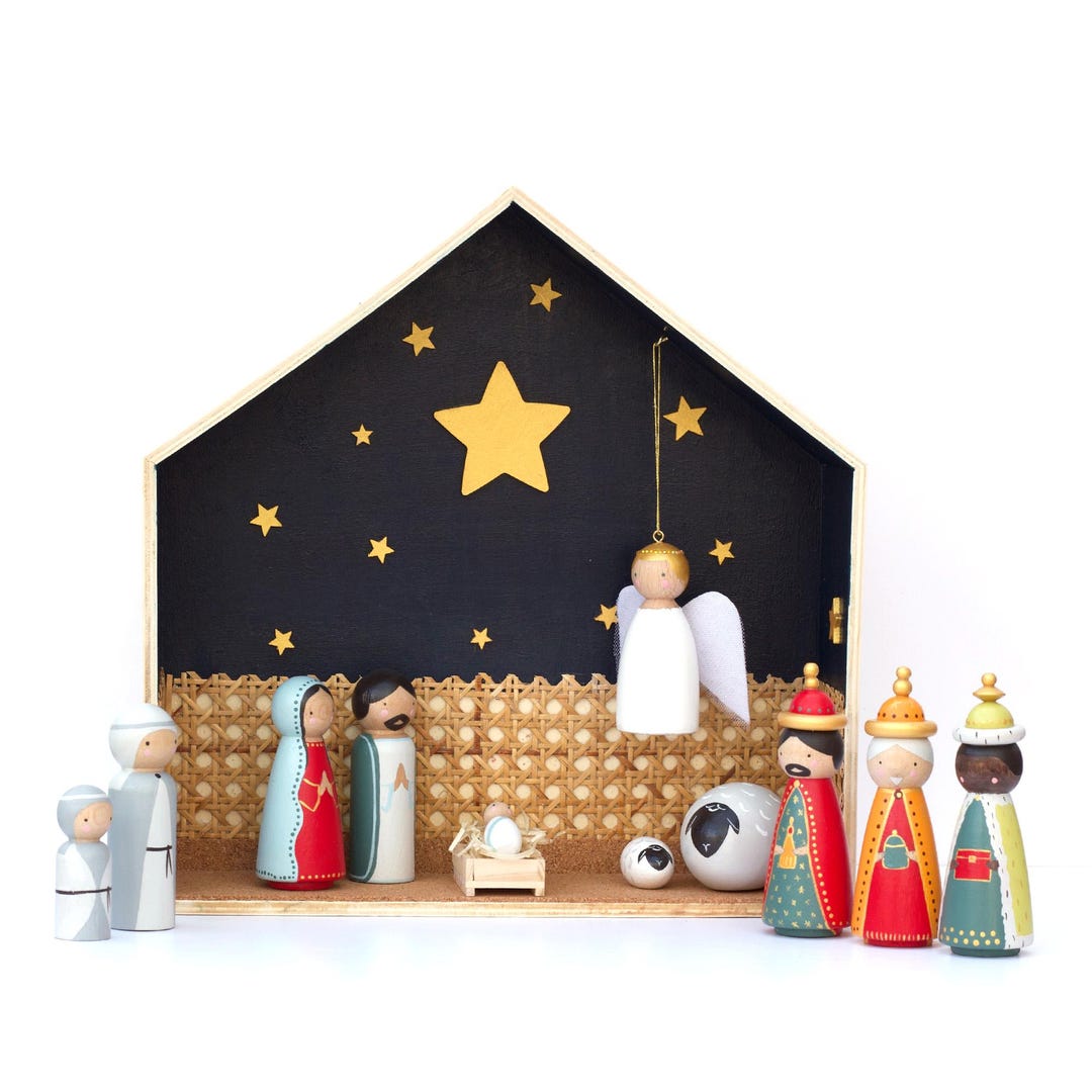 Wooden Nativity Set: Jesus, Mary, Joseph, Angel, Shepherds, Sheep ...