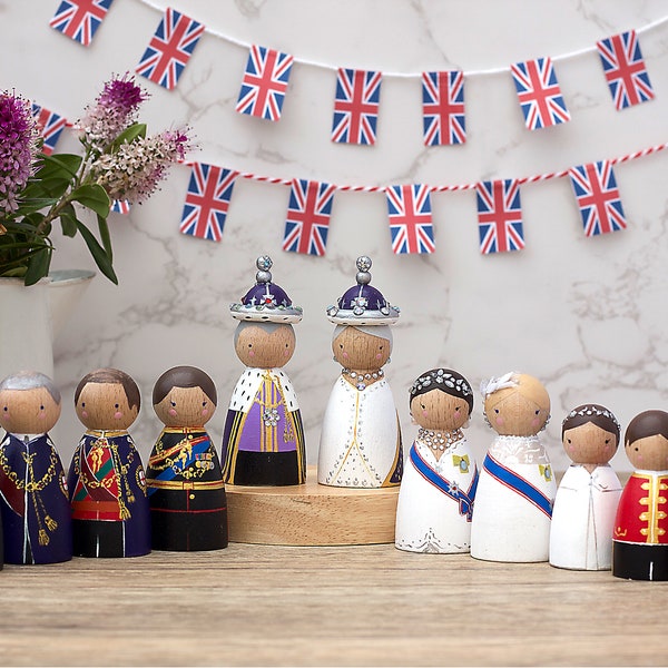 Königliche Familie Peg Dolls, König Charles III Krönung Peg Doll, William, Kate, Eile, König und Königin von England Peg People