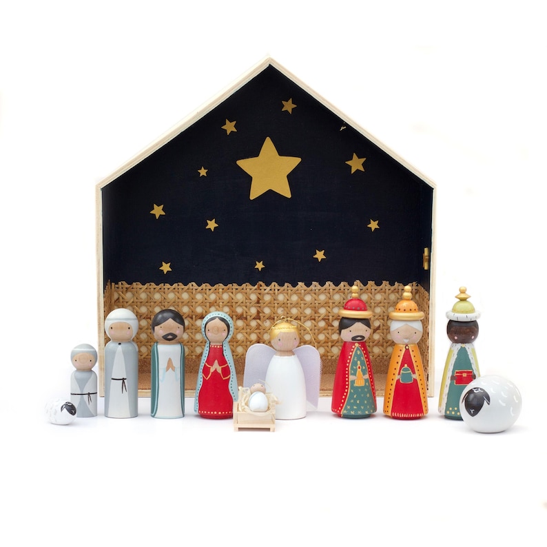 Wooden Nativity Set: Jesus, Mary, Joseph, Angel, Shepherds, Sheep ...