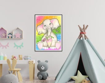 11"x14" PRINT - Playful Elephant in Bloom