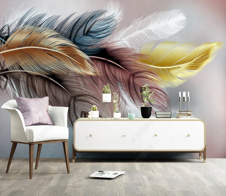 Colorful Feathers Pattern Living Room Wallpaper Art Etsy
