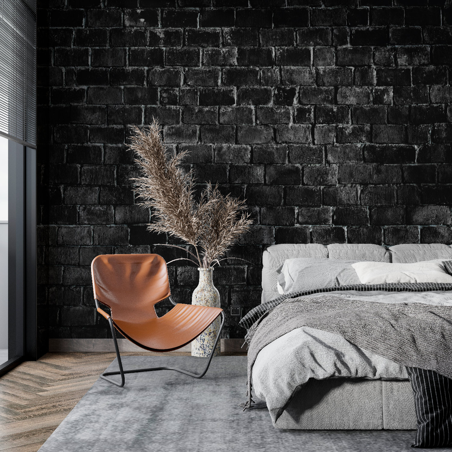 Black brick wall bedroom deals