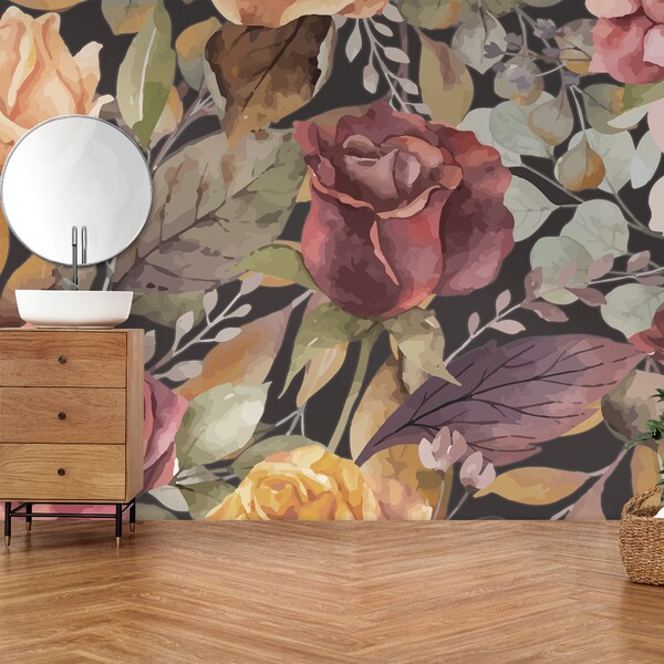 Black Floral Wallpaper Etsy UK