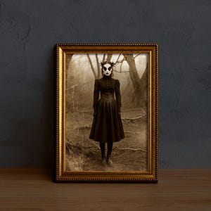 Mysterious Girl In Wood, Vintage Photo, Art Poster Print, Dark Academia, Gothic Occult Poster, Witchcraft, Gothic Home Decor, Creepy Ghost