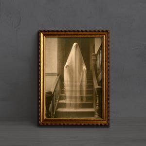 Ghost On The Stairs Vintage Photography Art Poster Print, Gothic Home Decor, Creepy, Occult Poster, Witchcraft, Spooky, Scary, Supernatural