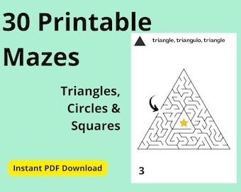 May include: A digital document titled 30 Printable Mazes Triangles, Circles & Squares featuring a triangular maze puzzle with a yellow star in the center, a black arrow pointing to the path, and the text triangle, triángulo, triangle at the top.