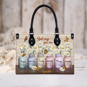 Dios dice que eres bolso de cuero, bolso de cuero personalizado, regalo cristiano, creyentes de la fe de Dios, regalo para los amantes de Jesús