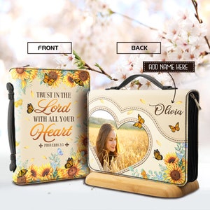 Personalized Bible Cover, Trust In The Lord With All Your Heart Proverbs Bible Cover, Religious Gifts, Butterfly Sunflower Bible Cover