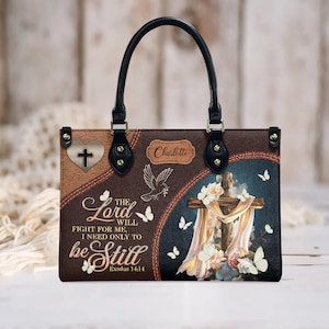 Bolso de cuero personalizado con versículo bíblico, El señor peleará por mí Sólo necesito estar quieto, Bolsos personalizados, Regalos para mujeres