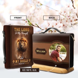 Personalized Bible Cover, The Lord Is My Strength And My Shield Bible Cover, Lion Cross Art, Christian gift, Custom Photo Bible Case