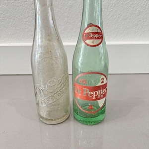 Vintage Dr Pepper 10 2 4 Embossed Glass Soda cola Bottle 6 ounce Green Clear Lot Of 2