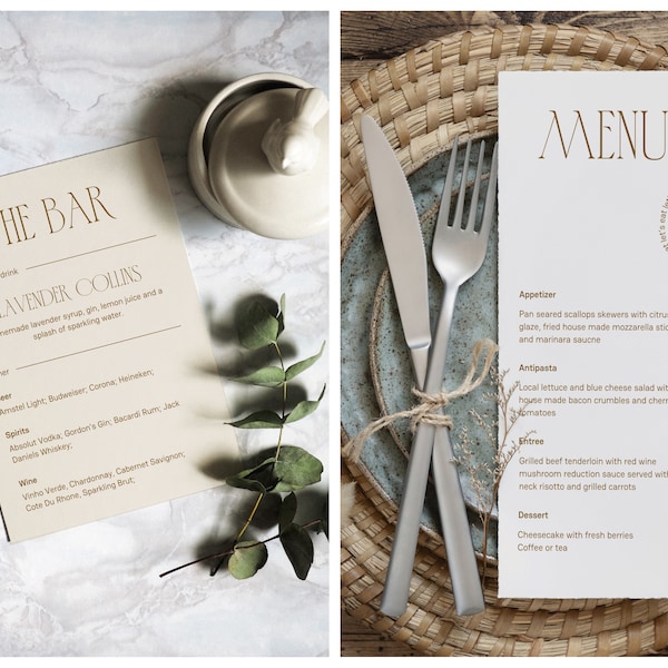 Bar and Dinner menu, Collection Sophie, Modern, Art-deco, Minimalist stationery bundle, Invitation template download design