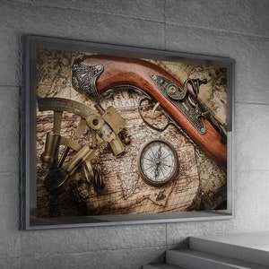 Kompas wereldkaart & wapen canvas, vintage print, schilderij, frame optie, decoratie muur set, Art Room Decor, Inwijdingsfeest cadeau voor hem haar